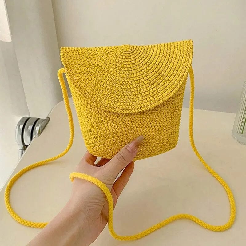 Small Straw Summer Bag for Women, Natural Summer Vacation Purse in Yellow, styled as a SheSelects summer accessory