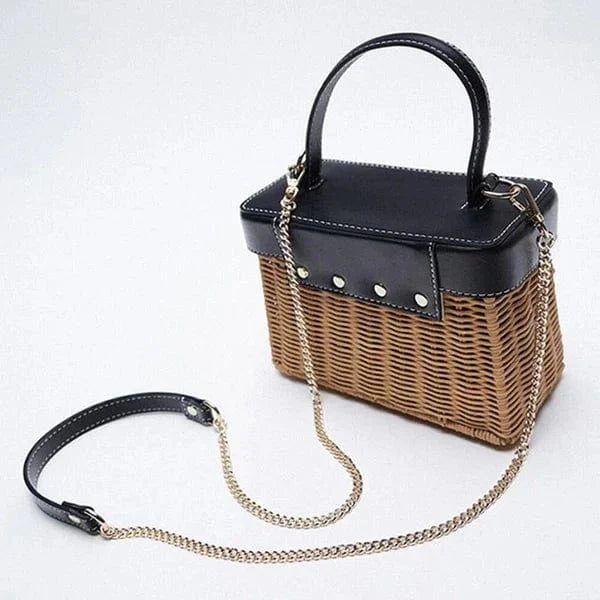 Small Wicker Summer Bag for Women, Natural Summer Vacation Purse in Black, styled as a SheSelects summer accessory