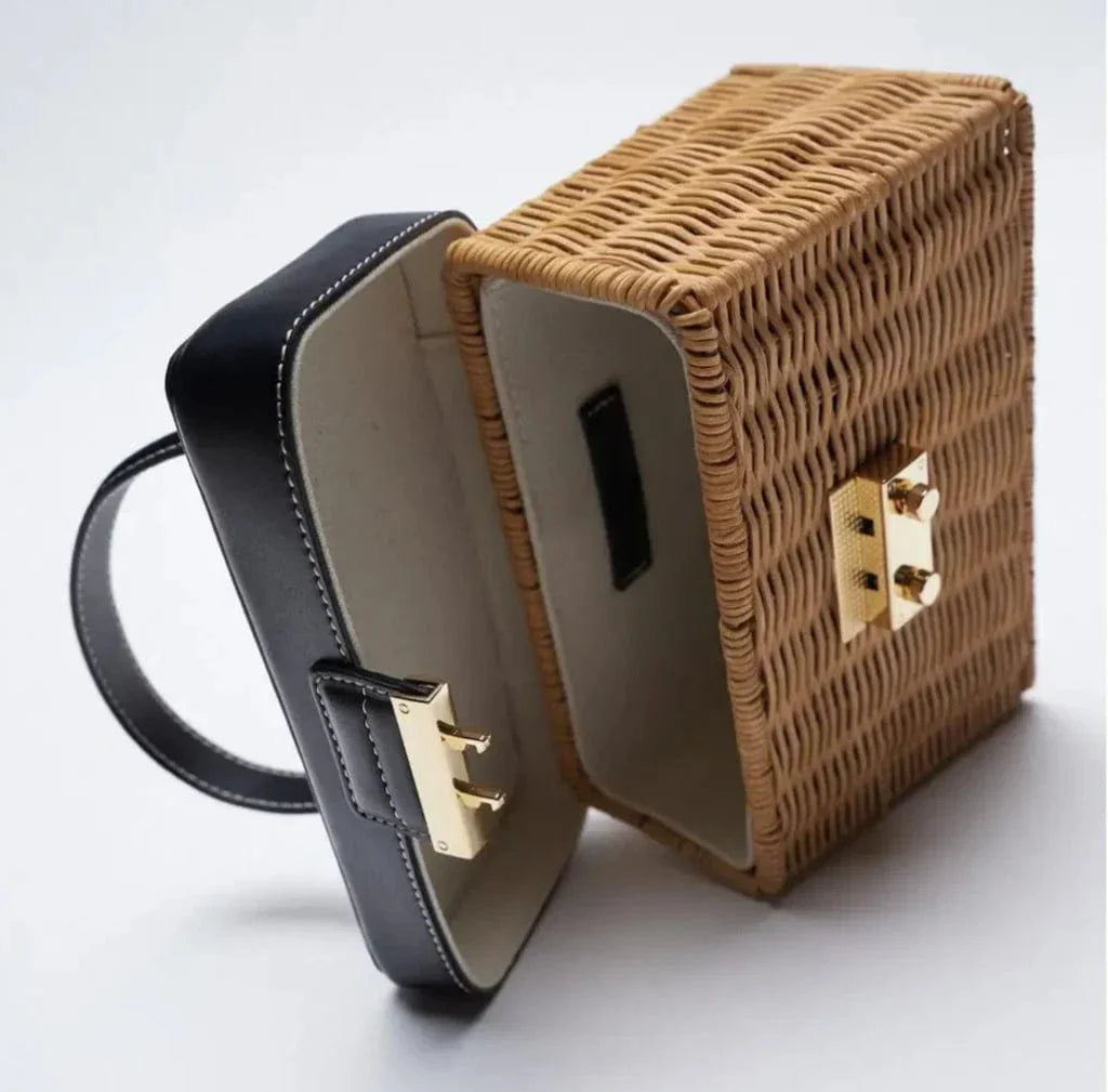 Small Wicker Summer Bag for Women, Natural Summer Vacation Purse in Black, styled as a SheSelects summer accessory