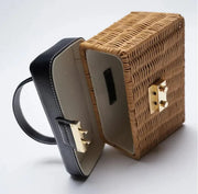 Small Wicker Summer Bag for Women, Natural Summer Vacation Purse in Black, styled as a SheSelects summer accessory