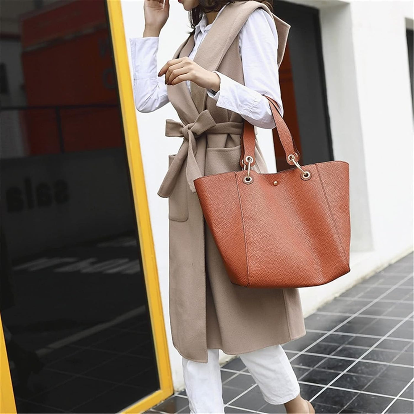 Vegan Leather Tote Bag for Women, Soft Everyday Shoulder Purse in Purple, styled as a SheSelects summer accessory