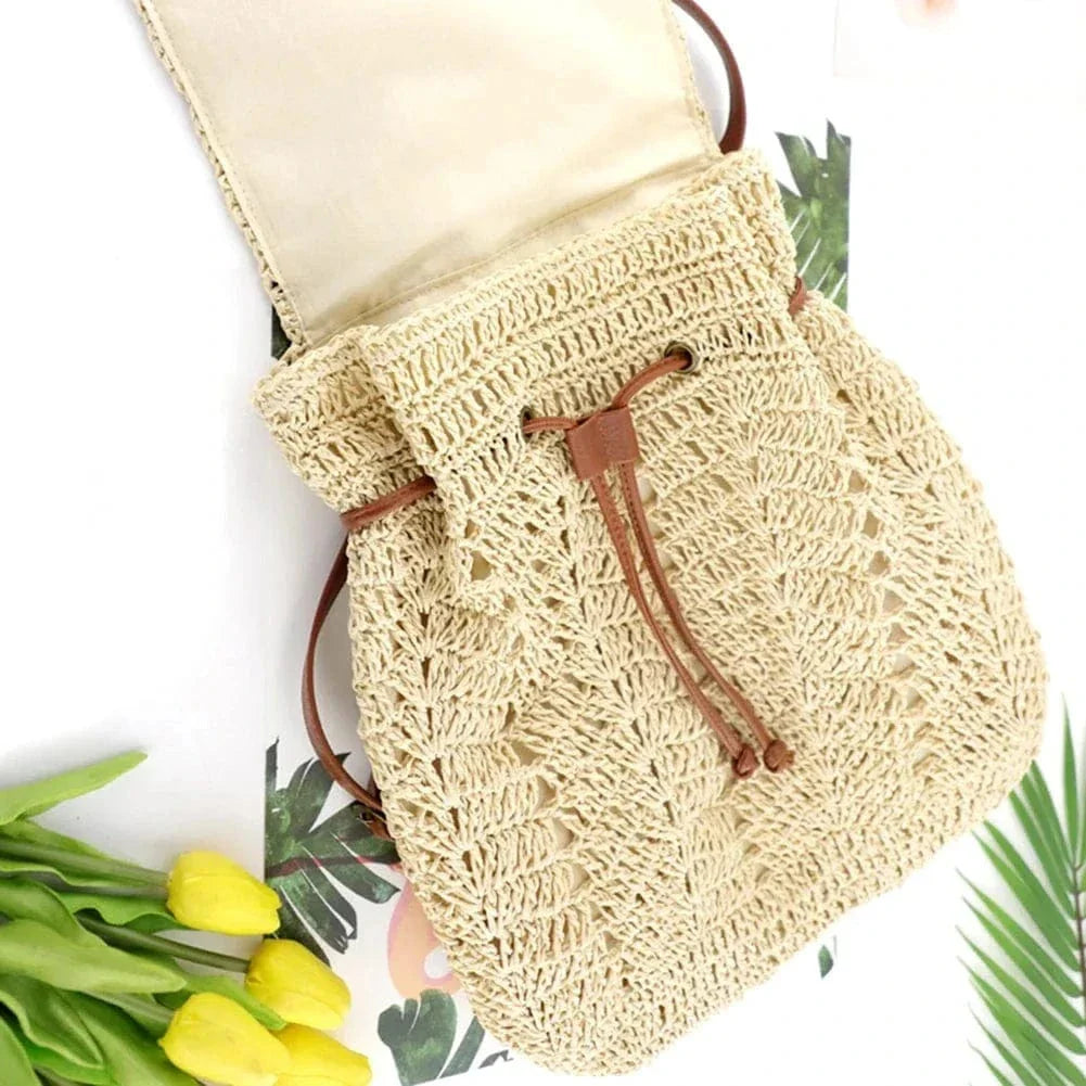 Straw Backpack for Women, Lightweight Summer Travel Bag in Light Brown, styled as a SheSelects summer accessory