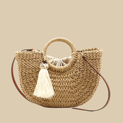 Straw Round Bag for Women, Boho Summer Crossbody Purse in Brown, styled as a SheSelects summer accessory