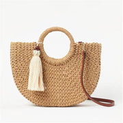 Straw Round Bag for Women, Boho Summer Crossbody Purse in Brown, styled as a SheSelects summer accessory