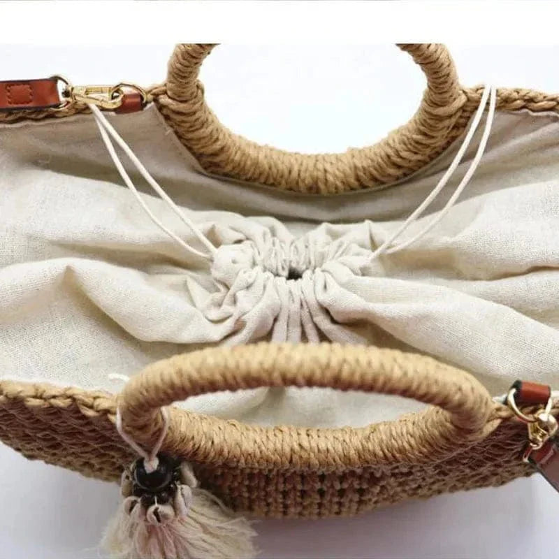 Straw Round Bag for Women, Boho Summer Crossbody Purse in Brown, styled as a SheSelects summer accessory