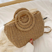 Straw Round Bag for Women, Boho Summer Crossbody Purse in Beige, styled as a SheSelects summer accessory
