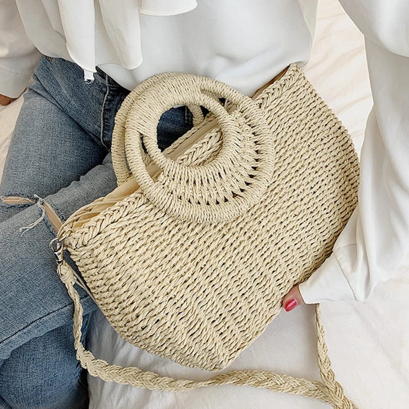 Straw Round Bag for Women, Boho Summer Crossbody Purse in Beige, styled as a SheSelects summer accessory