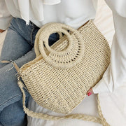 Straw Round Bag for Women, Boho Summer Crossbody Purse in Beige, styled as a SheSelects summer accessory