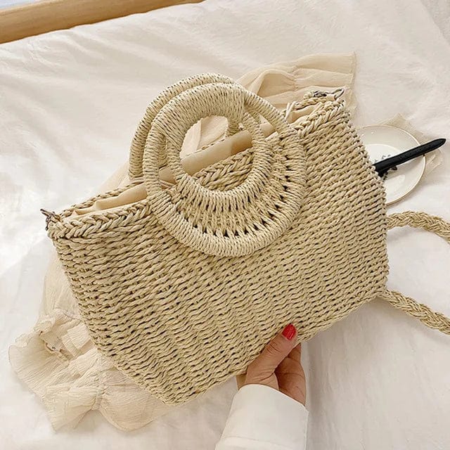 Straw Round Bag for Women, Boho Summer Crossbody Purse in Beige, styled as a SheSelects summer accessory