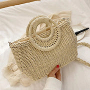 Straw Round Bag for Women, Boho Summer Crossbody Purse in Beige, styled as a SheSelects summer accessory