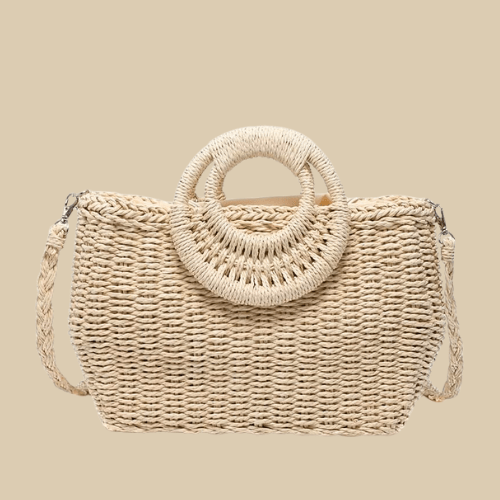 Straw Round Bag for Women, Boho Summer Crossbody Purse in Beige, styled as a SheSelects summer accessory