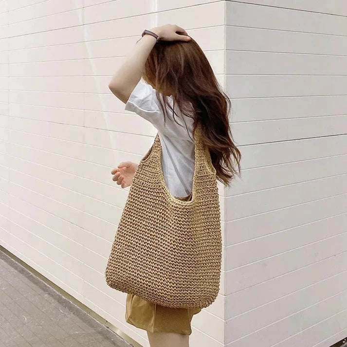 Straw Summer Bag for Women, Natural Summer Vacation Purse in Black, styled as a SheSelects summer accessory