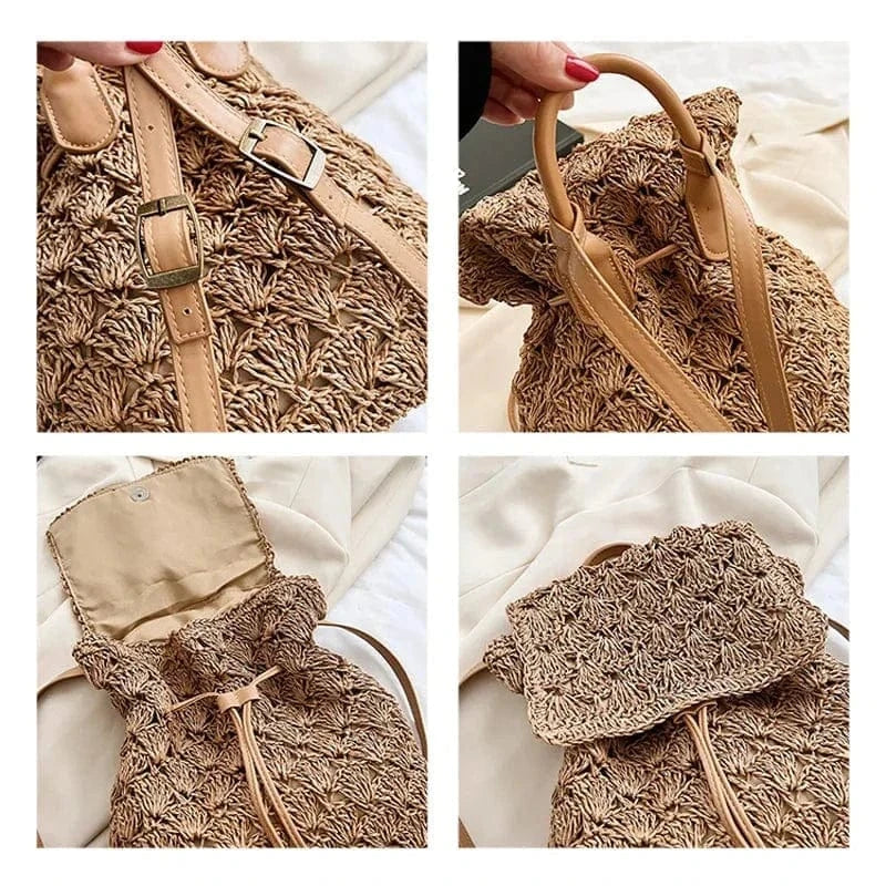 Straw Backpack for Women, Lightweight Summer Travel Bag in Beige, styled as a SheSelects summer accessory