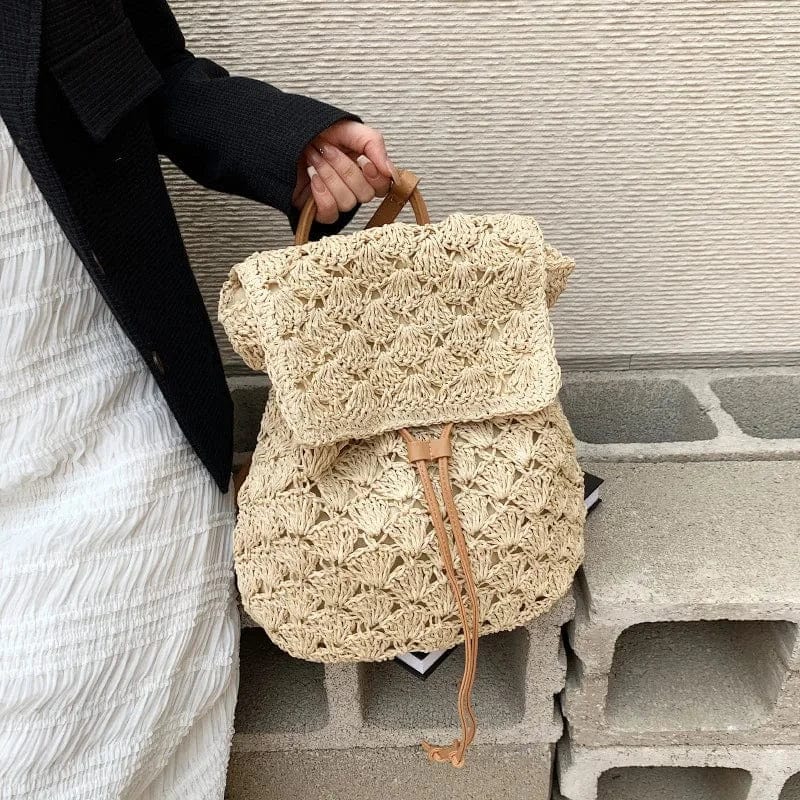 Straw Backpack for Women, Lightweight Summer Travel Bag in Beige, styled as a SheSelects summer accessory