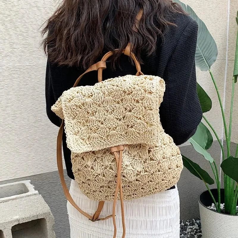 Straw Backpack for Women, Lightweight Summer Travel Bag in Beige, styled as a SheSelects summer accessory