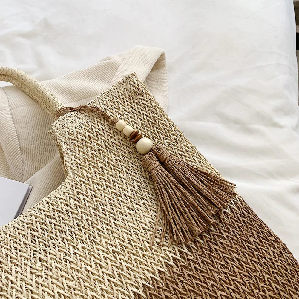 Straw Beach Bag for Women, Lightweight Summer Vacation Purse in Beige, styled as a SheSelects summer accessory