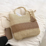 Straw Beach Bag for Women, Lightweight Summer Vacation Purse in Beige, styled as a SheSelects summer accessory
