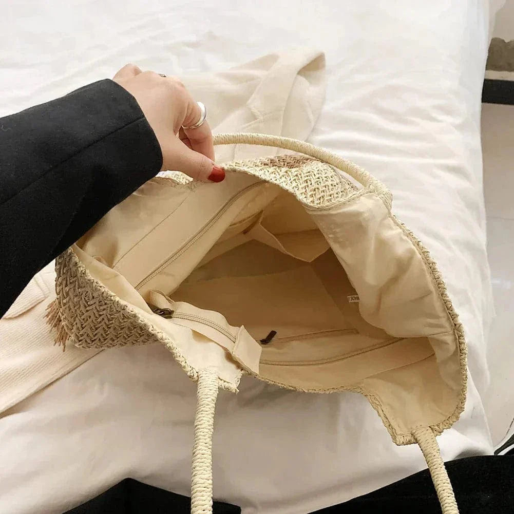Straw Beach Bag for Women, Lightweight Summer Vacation Purse in Beige, styled as a SheSelects summer accessory