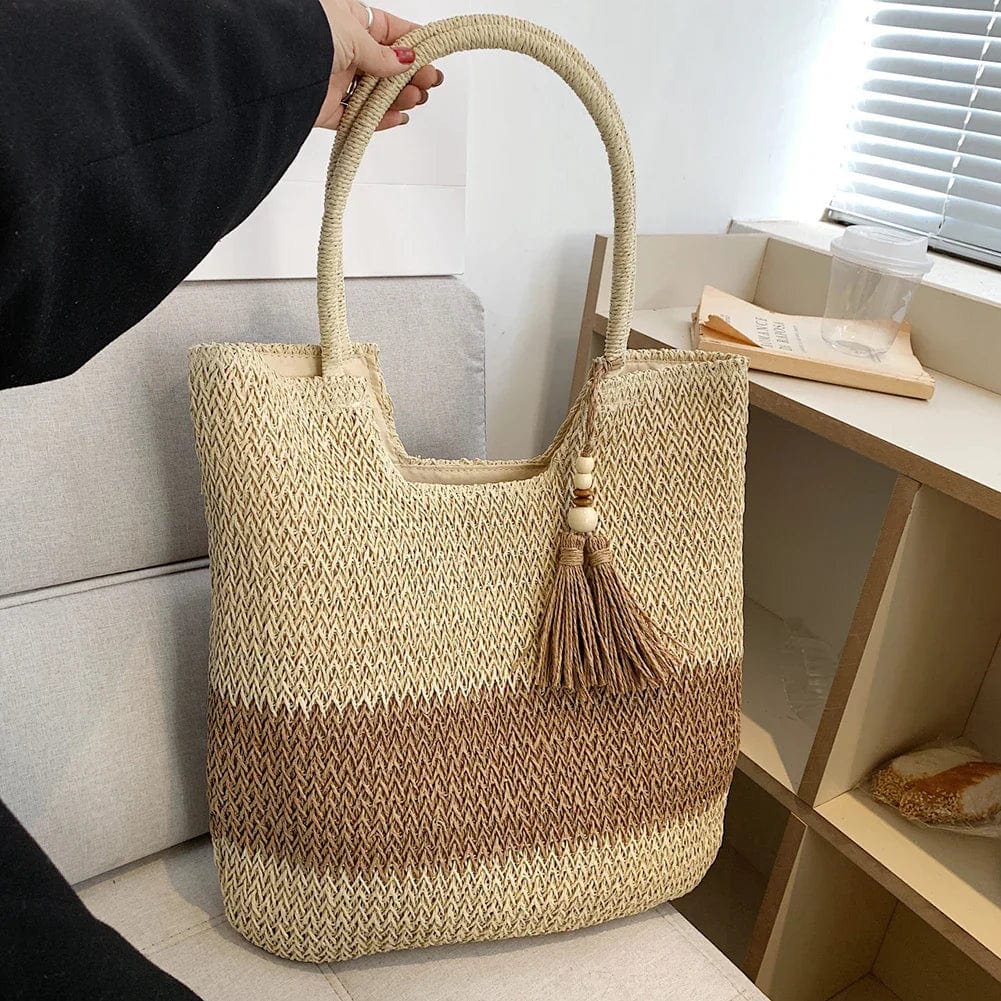 Straw Beach Bag for Women, Lightweight Summer Vacation Purse in Beige, styled as a SheSelects summer accessory