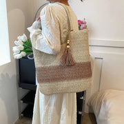 Straw Beach Bag for Women, Lightweight Summer Vacation Purse in Beige, styled as a SheSelects summer accessory