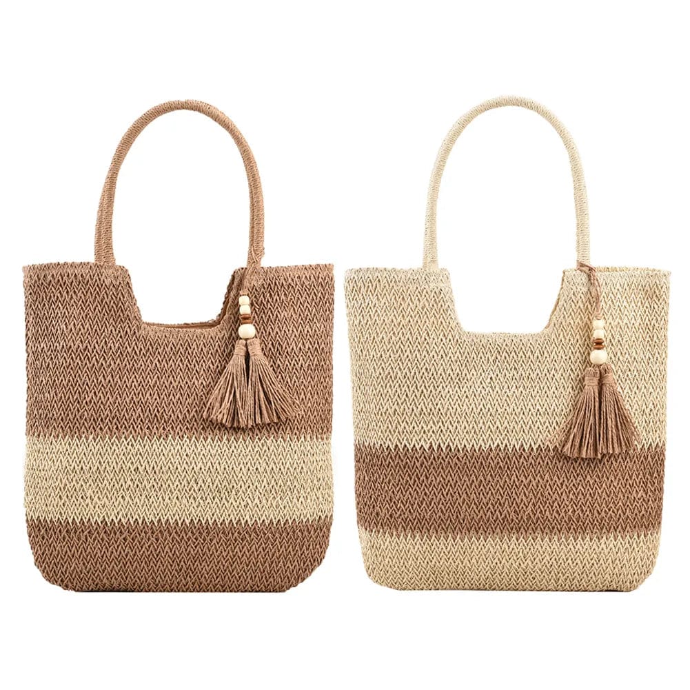 Straw Beach Bag for Women, Lightweight Summer Vacation Purse in Beige, styled as a SheSelects summer accessory