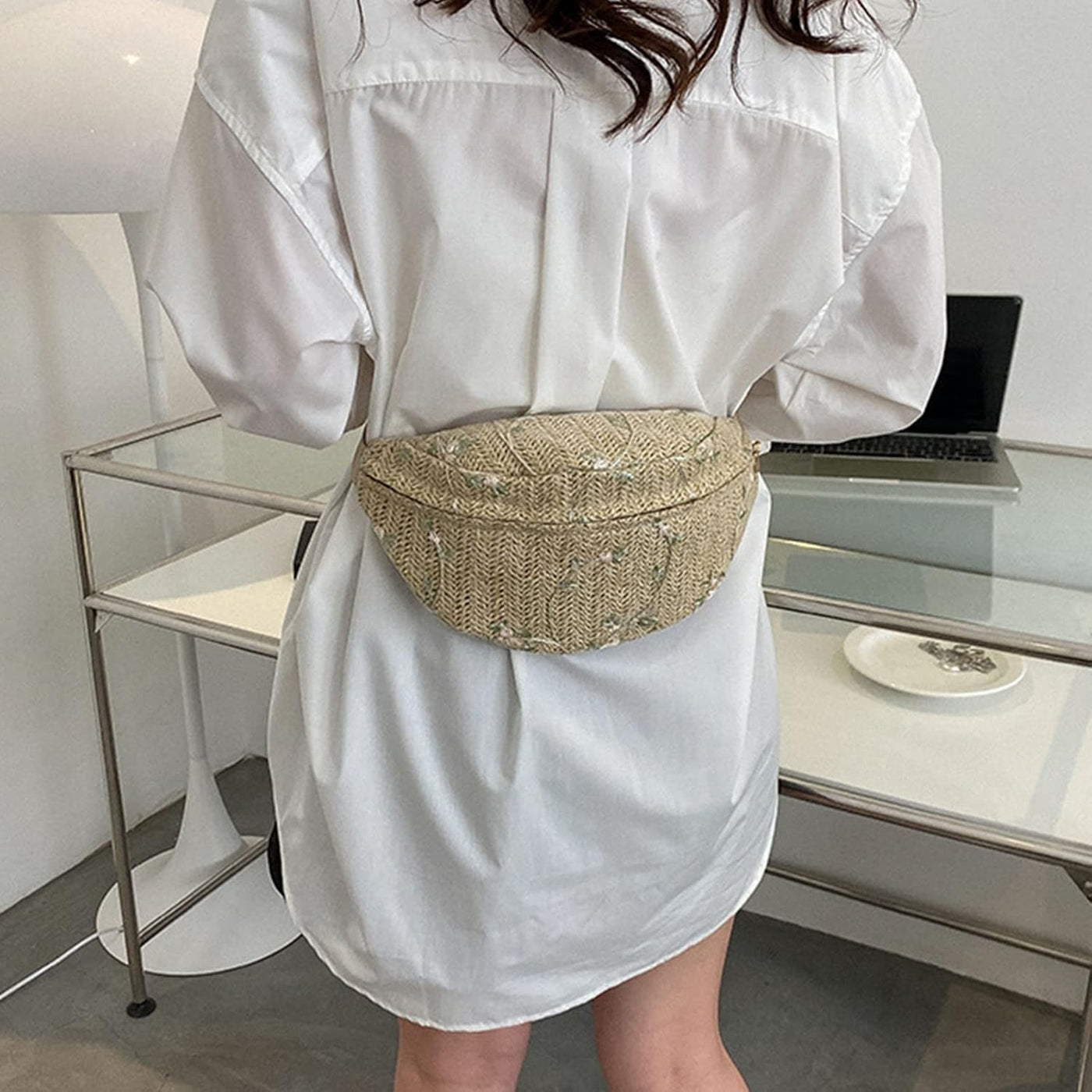 Straw Belt Bag for Women, Hands Free Summer Festival Bag in White, styled as a SheSelects summer accessory