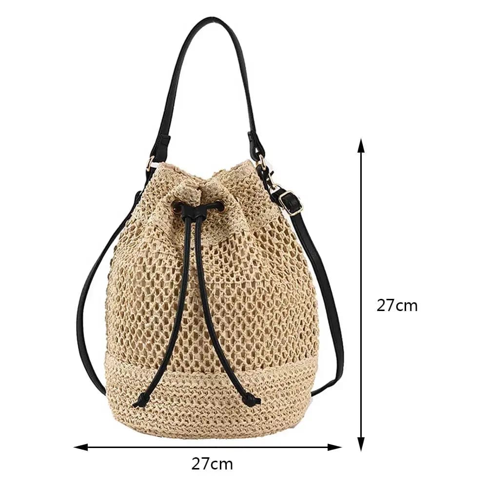Straw Bucket Bag for Women, Boho Summer Vacation Purse in Beige, styled as a SheSelects summer accessory