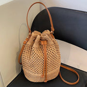 Straw Bucket Bag for Women, Boho Summer Vacation Purse in Beige, styled as a SheSelects summer accessory