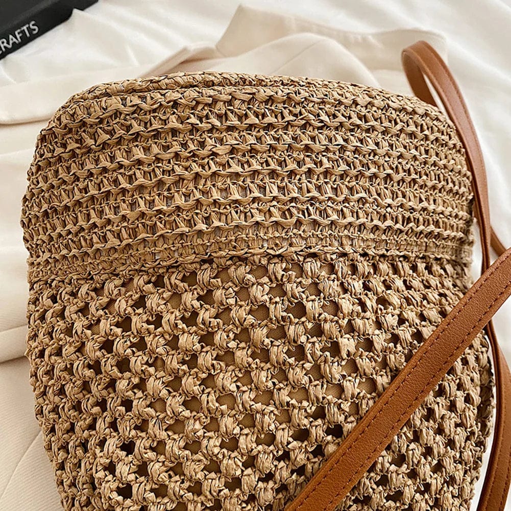 Straw Bucket Bag for Women, Boho Summer Vacation Purse in Beige, styled as a SheSelects summer accessory