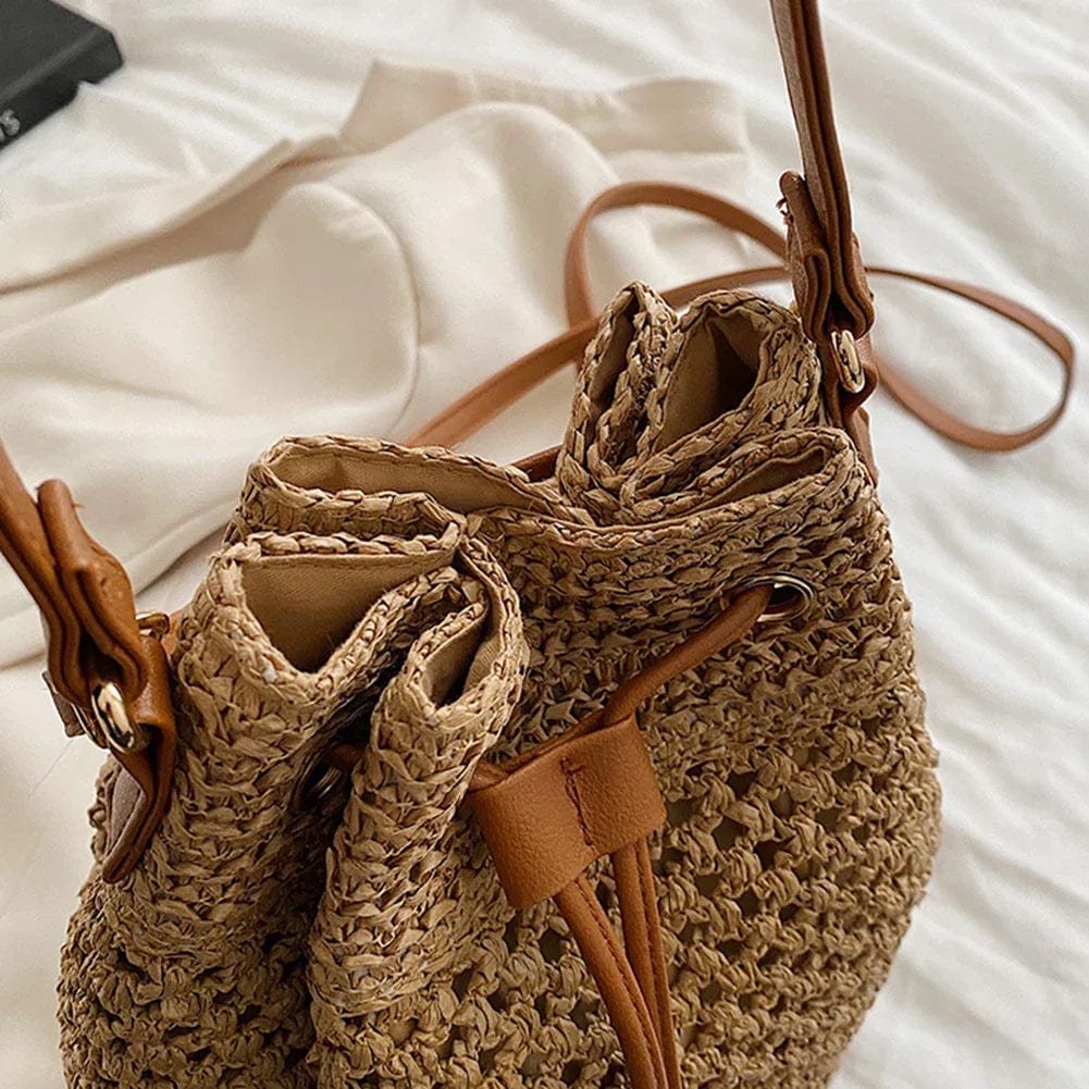Straw Bucket Bag for Women, Boho Summer Vacation Purse in Beige, styled as a SheSelects summer accessory
