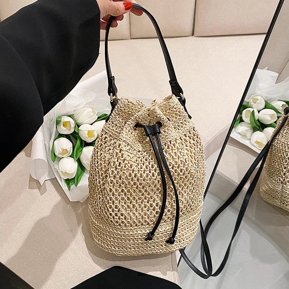 Straw Bucket Bag for Women, Boho Summer Vacation Purse in Beige, styled as a SheSelects summer accessory