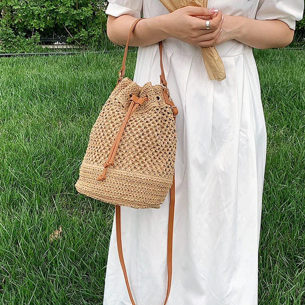 Straw Bucket Bag for Women, Boho Summer Vacation Purse