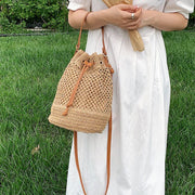 Straw Bucket Bag for Women, Boho Summer Vacation Purse in Beige, styled as a SheSelects summer accessory