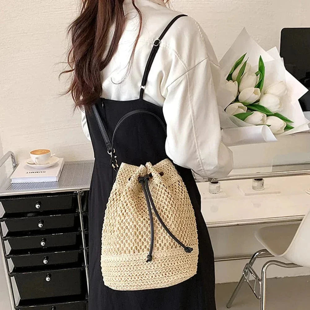 Straw Bucket Bag for Women, Boho Summer Vacation Purse in Beige, styled as a SheSelects summer accessory