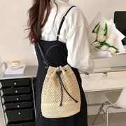 Straw Bucket Bag for Women, Boho Summer Vacation Purse in Beige, styled as a SheSelects summer accessory