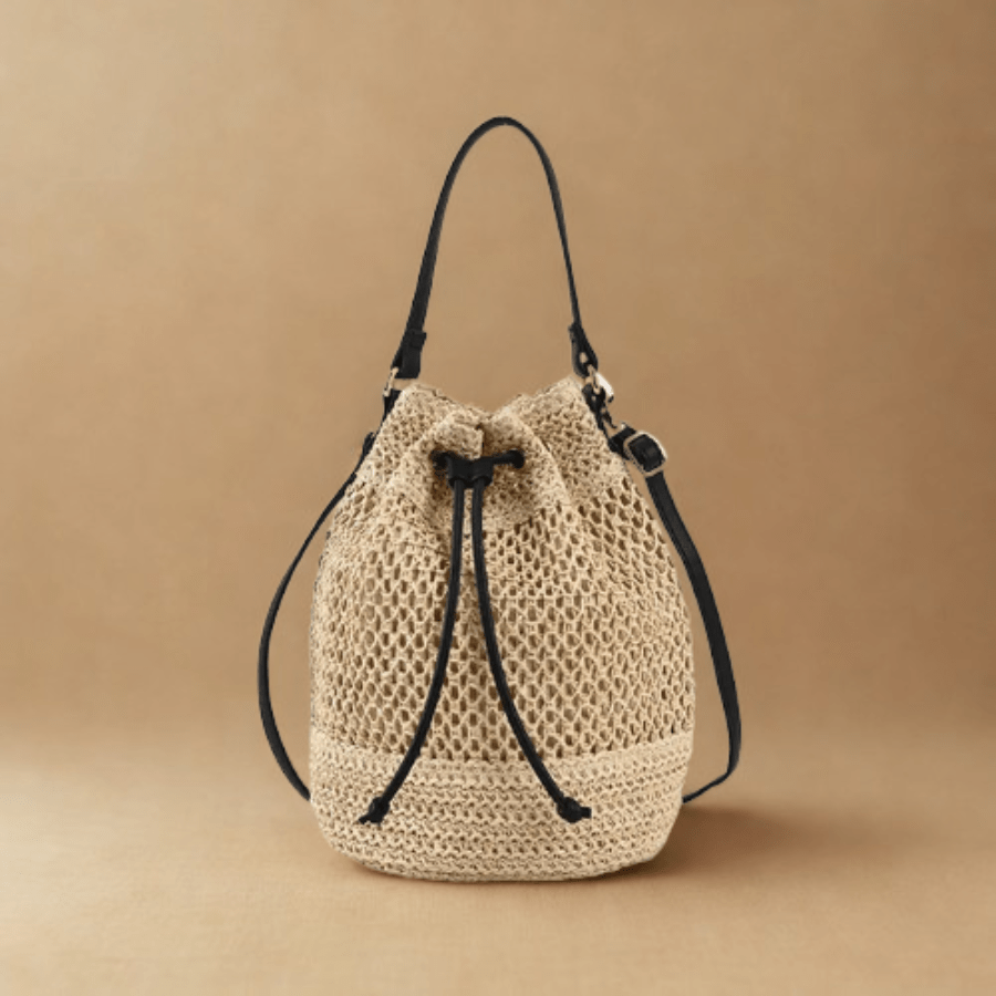 Straw Bucket Bag for Women, Boho Summer Vacation Purse in Beige, styled as a SheSelects summer accessory