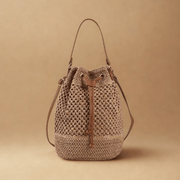 Straw Bucket Bag for Women, Boho Summer Vacation Purse in Beige, styled as a SheSelects summer accessory