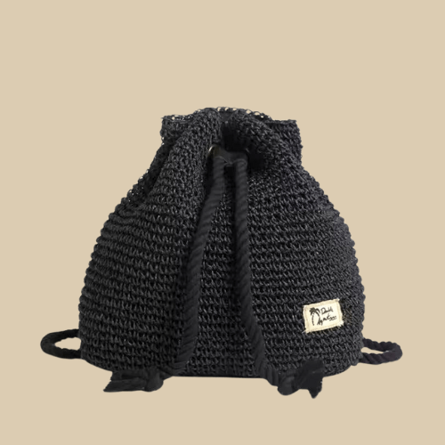 Straw Bucket Bag for Women, Boho Summer Vacation Purse in Black, styled as a SheSelects summer accessory