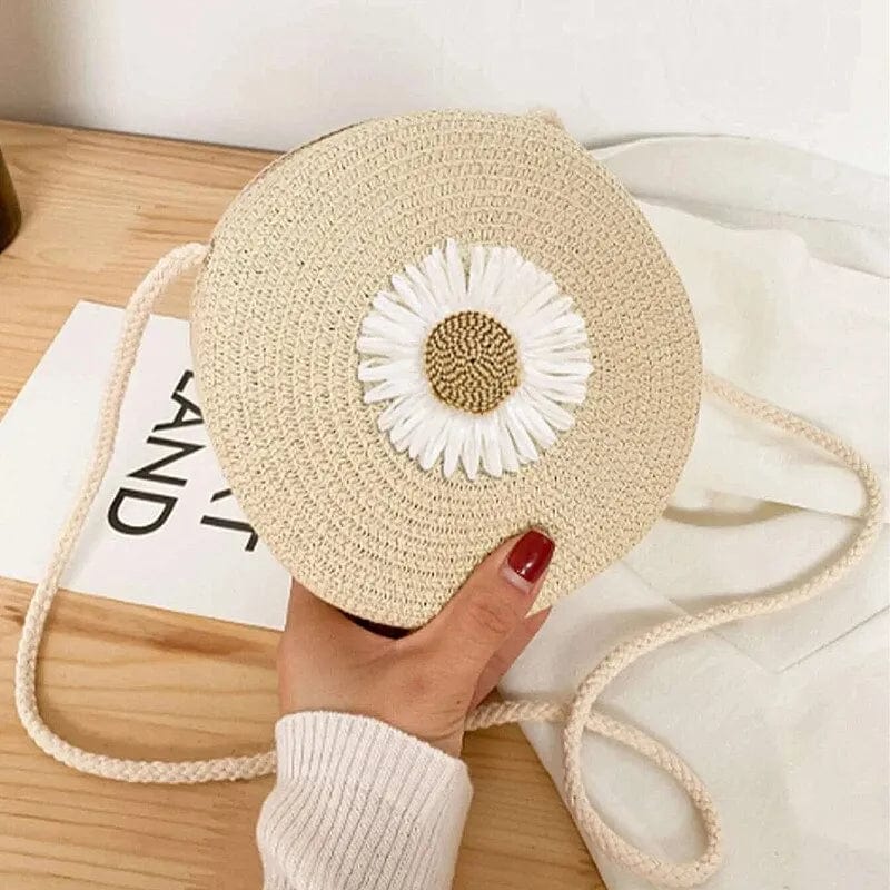 Straw Round Bag for Women, Boho Summer Crossbody Purse in White, styled as a SheSelects summer accessory