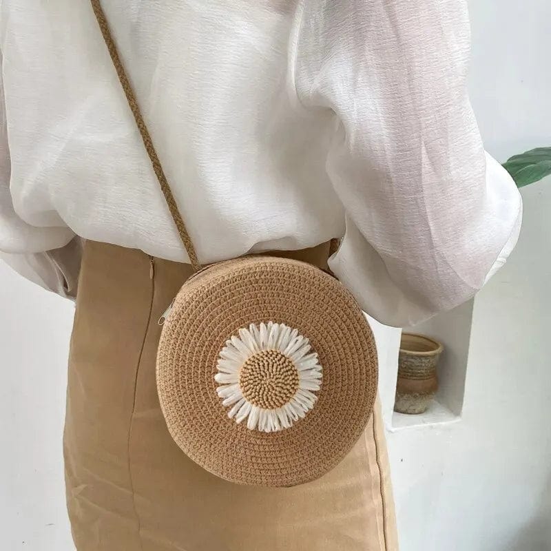 Straw Round Bag for Women, Boho Summer Crossbody Purse in White, styled as a SheSelects summer accessory