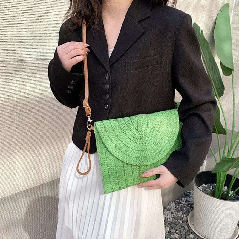 Straw Clutch Bag for Women, Summer Wedding and Bridesmaid Purse in Hot Pink, styled as a SheSelects summer accessory