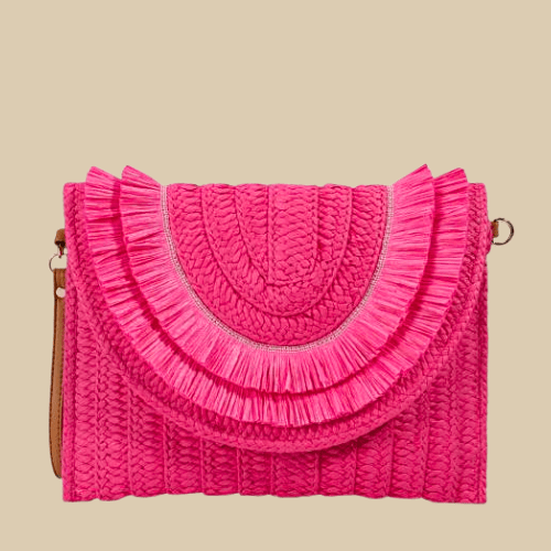 Straw Clutch Bag for Women, Summer Wedding and Bridesmaid Purse in Hot Pink, styled as a SheSelects summer accessory