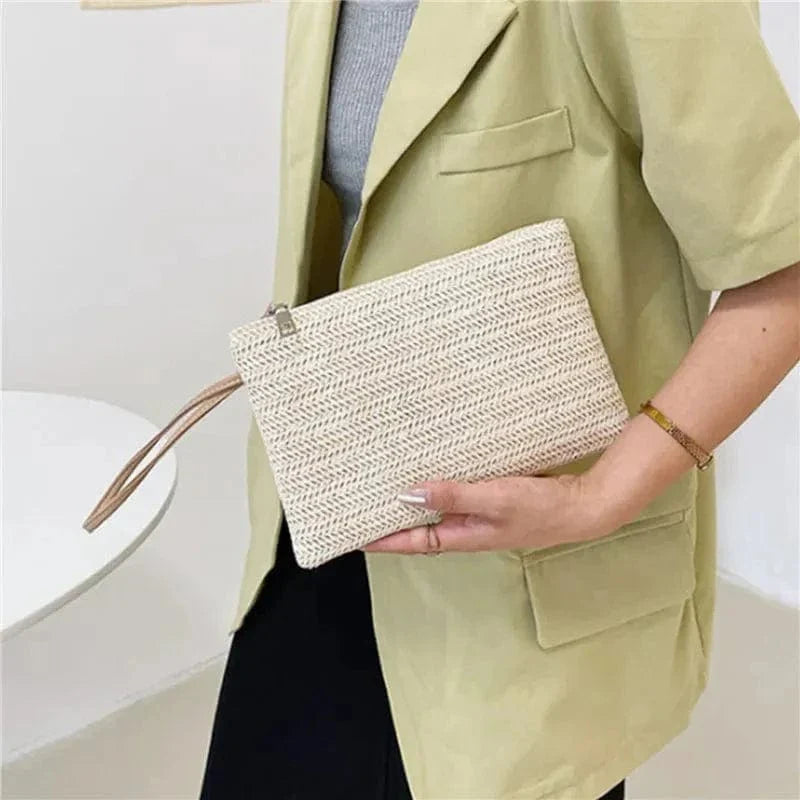 Straw Clutch Bag for Women, Summer Wedding and Bridesmaid Purse in White, styled as a SheSelects summer accessory