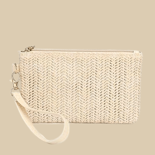 Straw Clutch Bag for Women, Summer Wedding and Bridesmaid Purse in White, styled as a SheSelects summer accessory