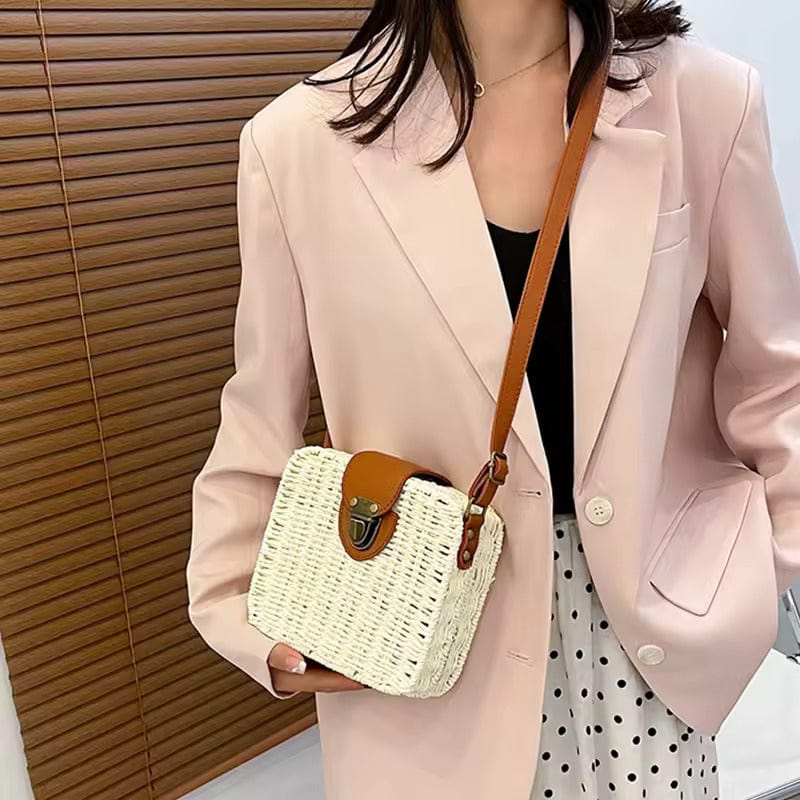 Straw Crossbody Bag for Women, Woven Summer Purse with Easy Strap in Beige, styled as a SheSelects summer accessory