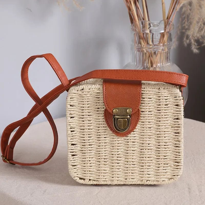 Straw Crossbody Bag for Women, Woven Summer Purse with Easy Strap in Beige, styled as a SheSelects summer accessory