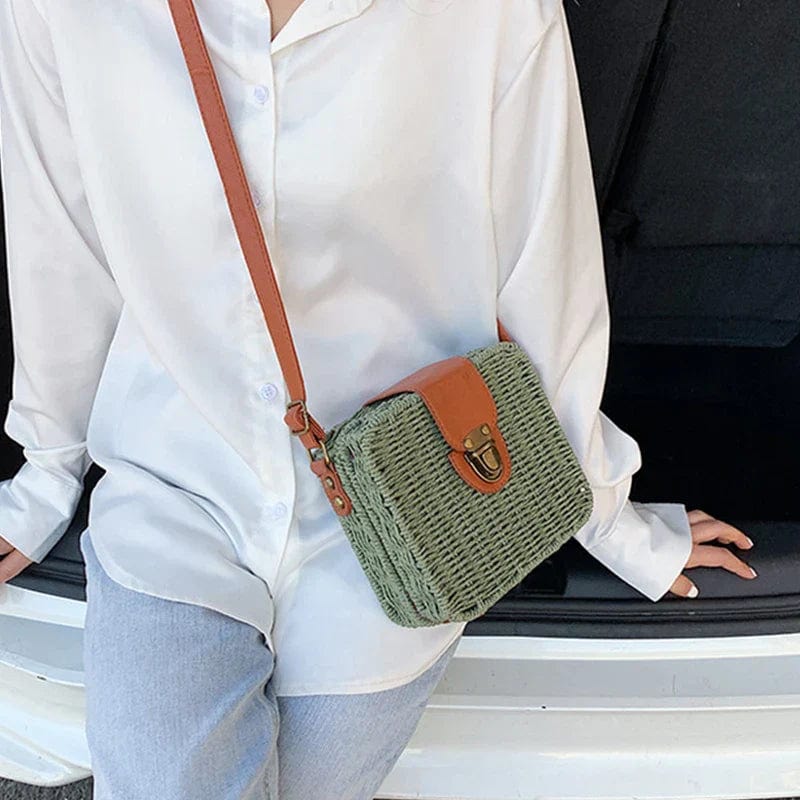 Straw Crossbody Bag for Women, Woven Summer Purse with Easy Strap in Beige, styled as a SheSelects summer accessory