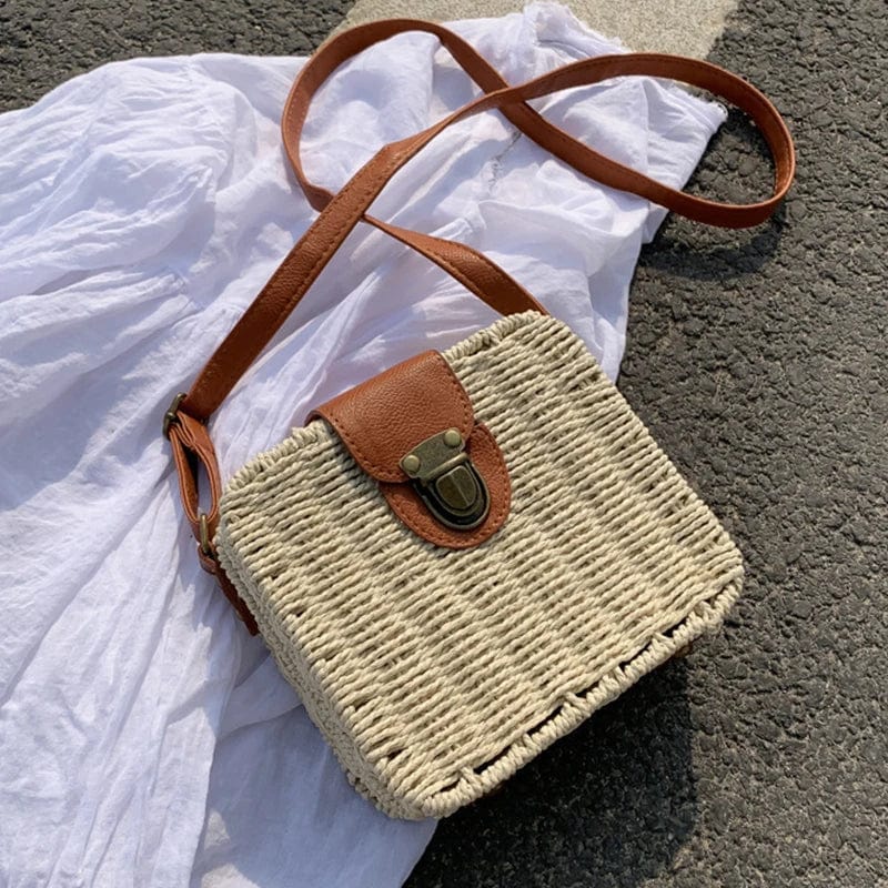 Straw Crossbody Bag for Women, Woven Summer Purse with Easy Strap in Beige, styled as a SheSelects summer accessory
