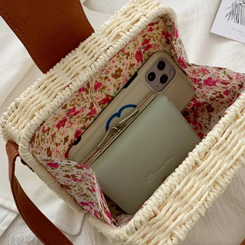 Straw Crossbody Bag for Women, Woven Summer Purse with Easy Strap in Beige, styled as a SheSelects summer accessory