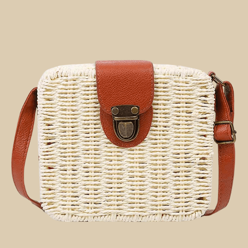 Straw Crossbody Bag for Women, Woven Summer Purse with Easy Strap in Beige, styled as a SheSelects summer accessory